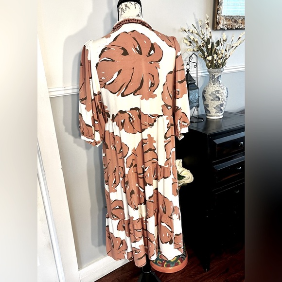 Cream & Terracotta Palm Pattern Tiered Sundress Bishop Sleeves Large GUC Flawed - Picture 9 of 16